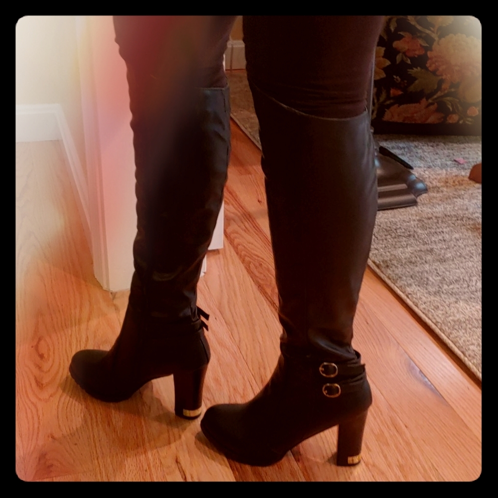 Knee high black zip up boots